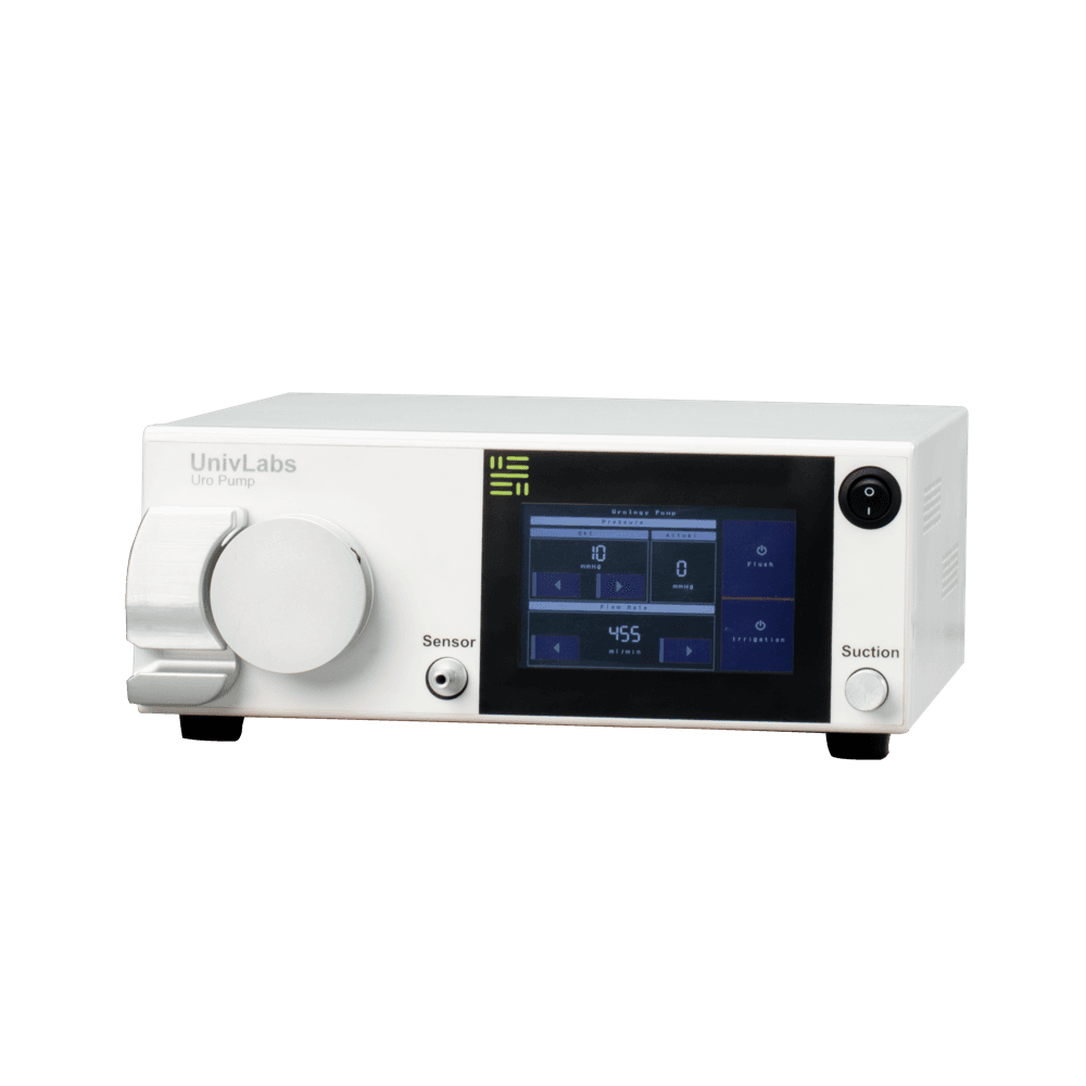 UnivLabs Uro Pump with touchscreen showing pressure and flow rate