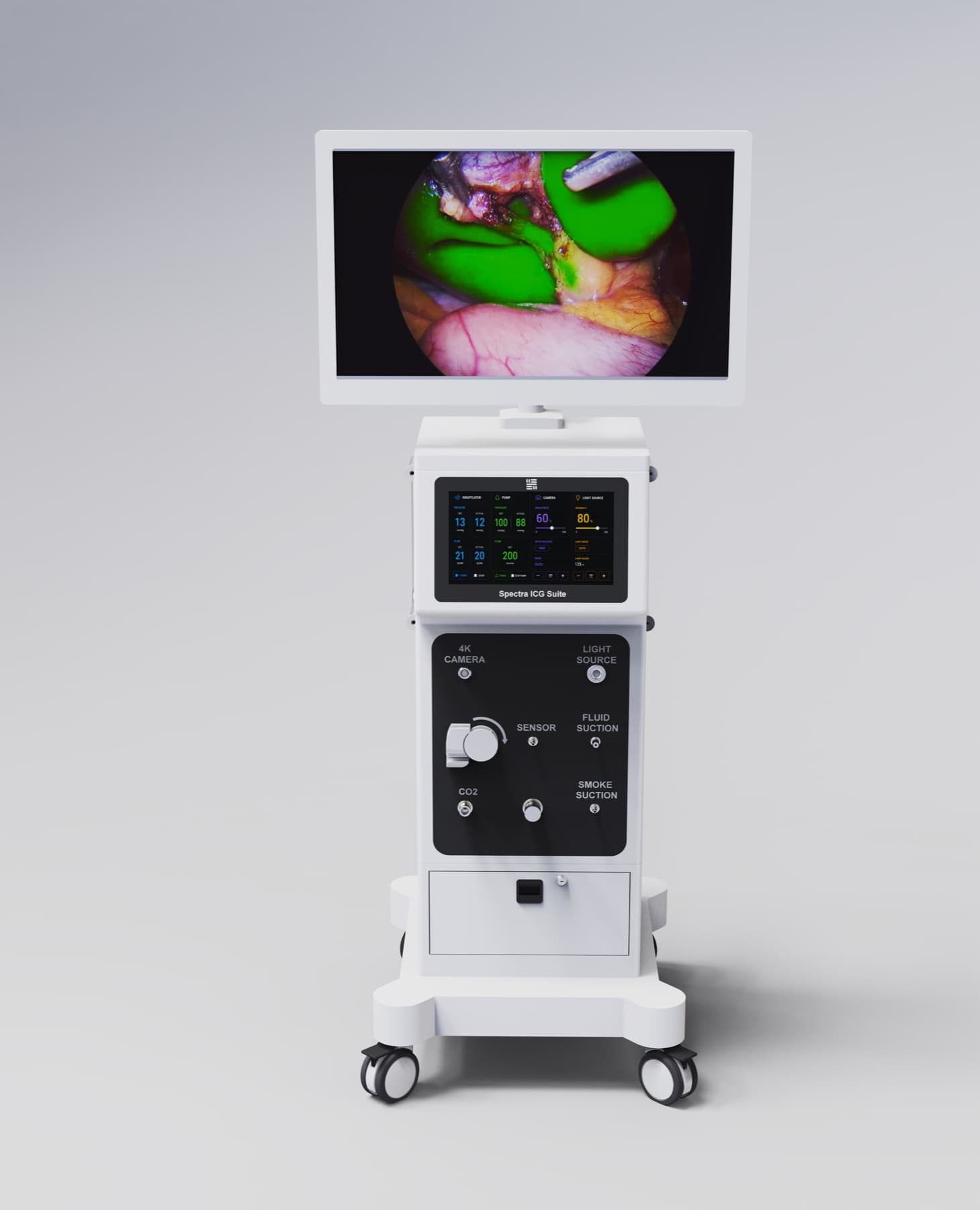 Render of the UnivLabs Spectra ICG Suite from the front, showing the touchscreen and connector panel